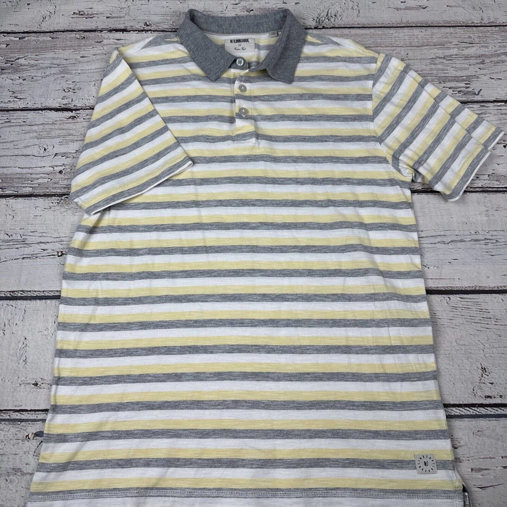 Linksoul Men's Medium Golf‎ Polo Short Sleeve Shirt Striped Yellow Gray - Picture 2 of 8
